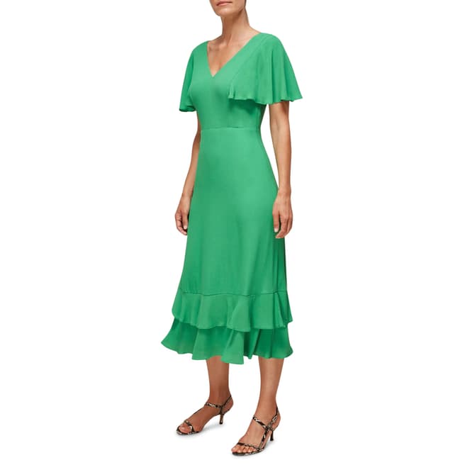 WHISTLES Green Cathy Frill Hem Midi Dress
