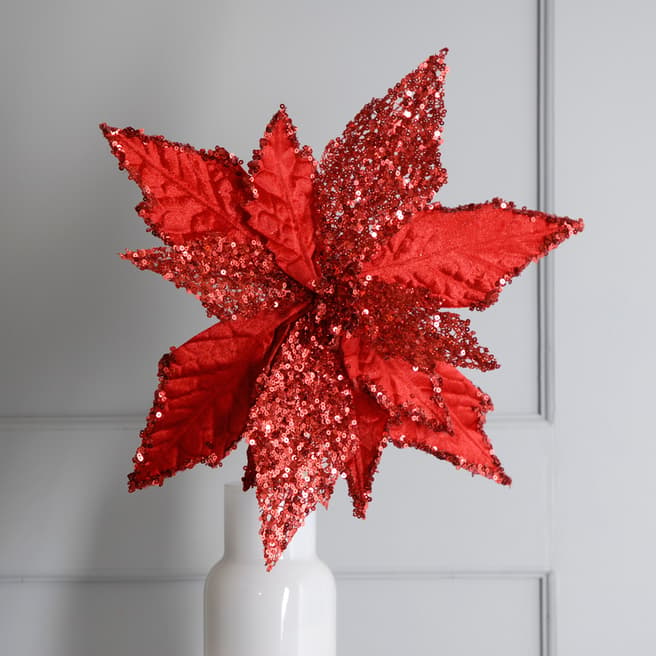 Festive Set of 6 Red Velvet Poinsettia Stems with Glitter
