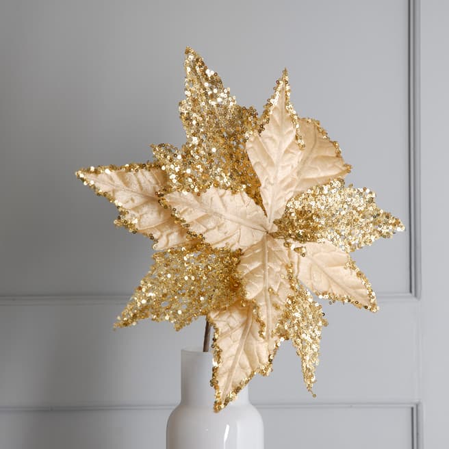 Festive Set of 6 Gold Velvet Poinsettia Stems with Glitter