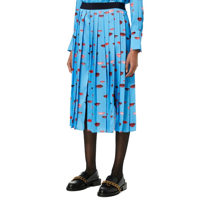 VICTORIA, VICTORIA BECKHAM Cyan Blue Pleated Lip Print Skirt