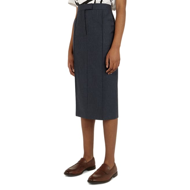 VICTORIA, VICTORIA BECKHAM Blue Stripe Pin Tucked Wool Pencil Skirt