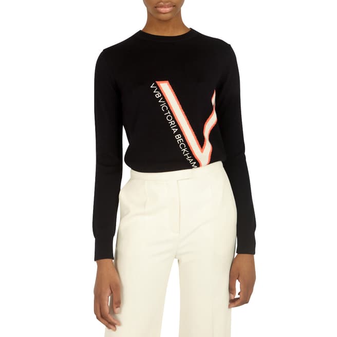 VICTORIA, VICTORIA BECKHAM Navy Wool Relaxed Branded Crew Neck