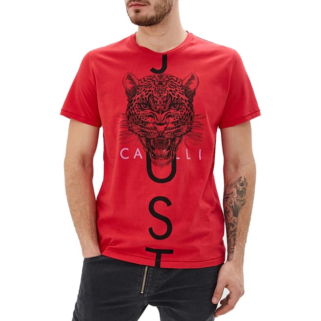 Just Cavalli Red Cheetah Logo Cotton T-Shirt