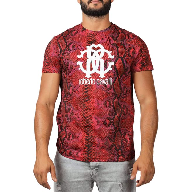 Roberto Cavalli Red Snake Print Cotton T-Shirt