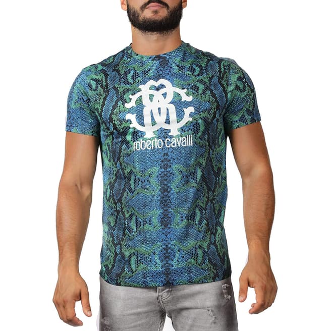Roberto Cavalli Blue Snake Print Cotton T-Shirt