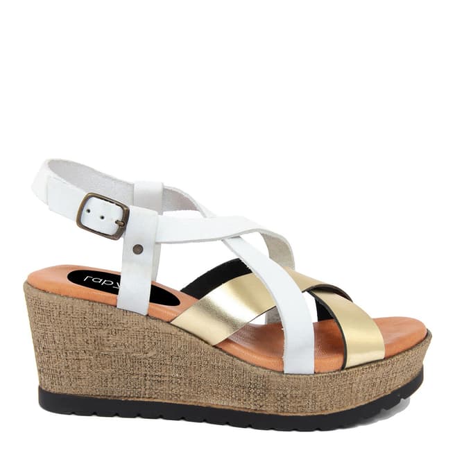 LAB78 White & Gold Leather Crossed Strap Wedge Sandal