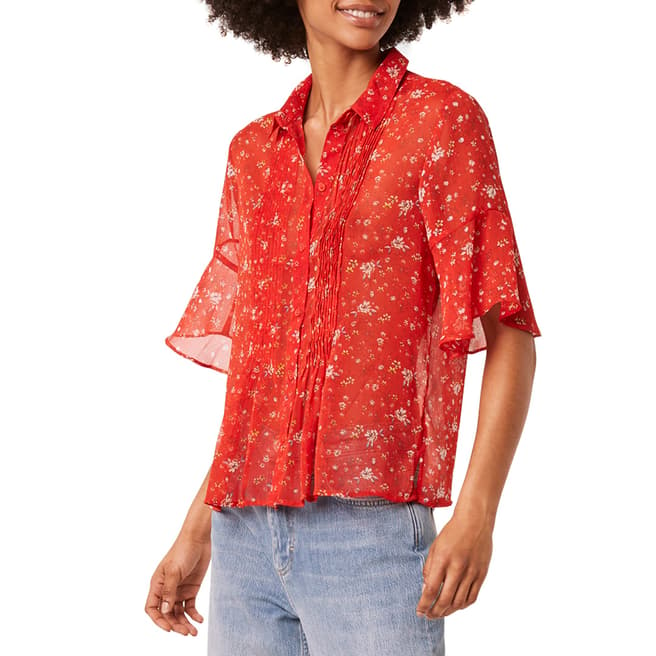 French Connection Red Multi Crinkle Pintuck Shirt