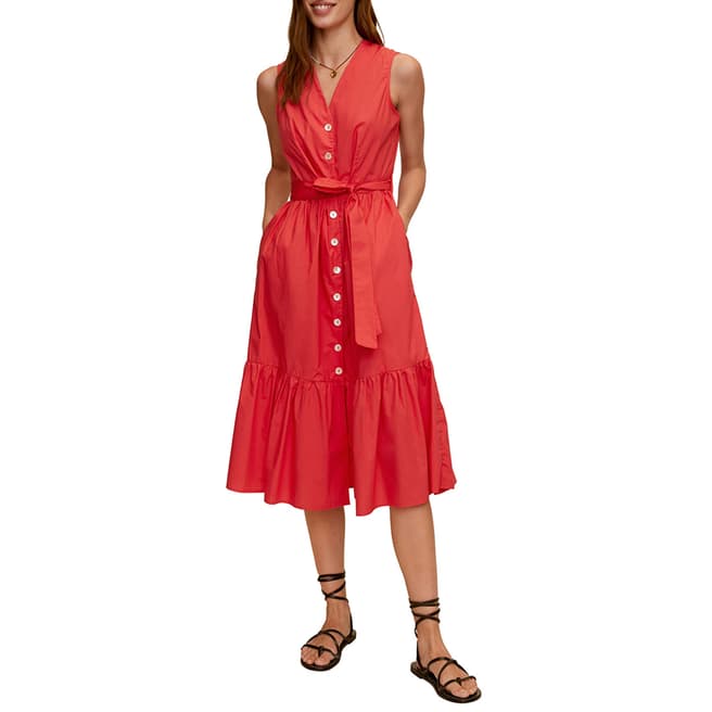 Mango Red Button Through Cotton Midi Dress