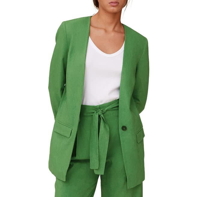 Mango Green V Neck Linen Blend Tailored Blazer