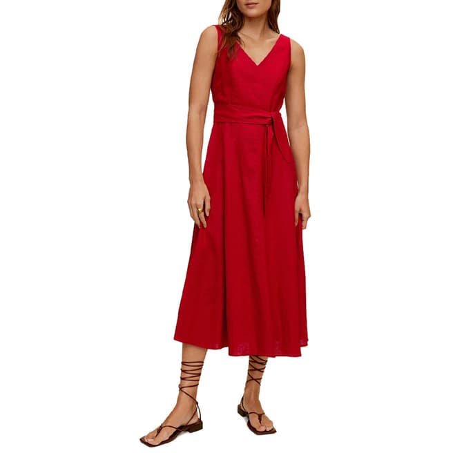 Mango Red Tie Waist Linen Blend Midi Dress