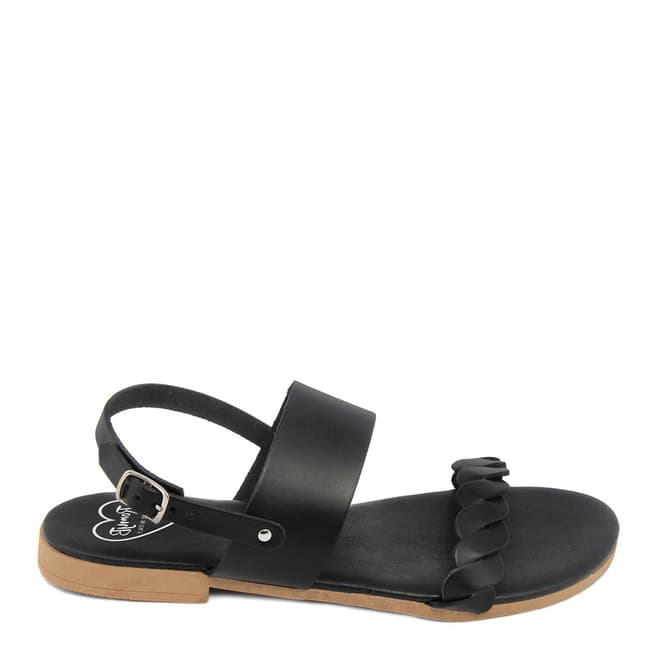 Romy B Black Leather Braided Flat Sandals