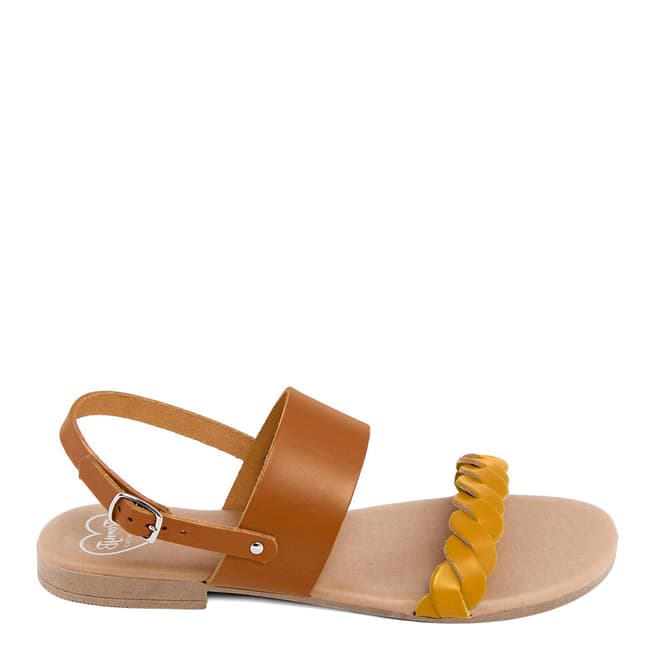 Romy B Tan/Mustard Leather Braided Flat Sandals