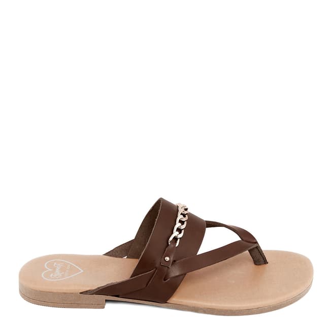 Romy B Brown Leather Chain Flip Flop Sandals