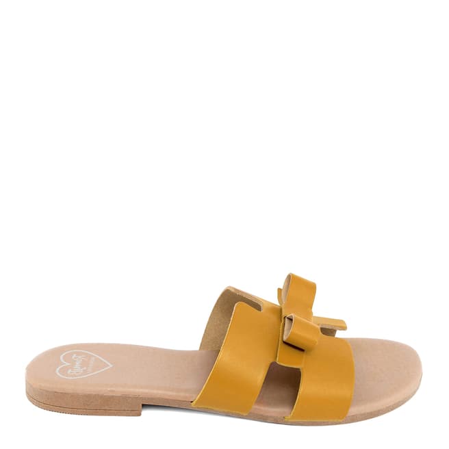 Romy B Mustard Leather Bow Slide Sandals