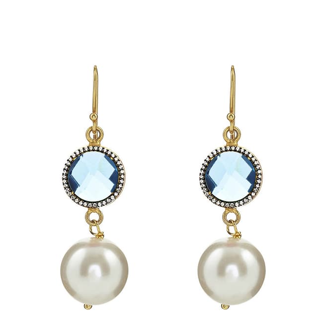 Liv Oliver 18K Gold Plated Blue Topaz Cz & Pearl Drop Earrings