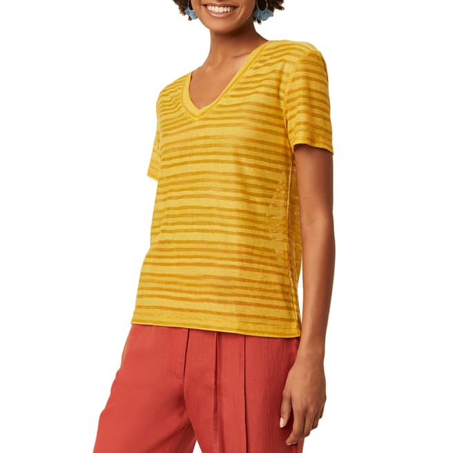 Great Plains Yellow V Neck Cotton Stripe T-Shirt