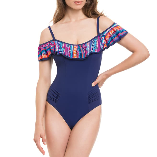Profile By Gottex Blue Tapestry Off The Shoulder One Piece Swimsuit