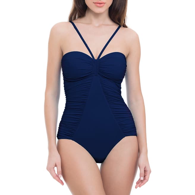 Profile By Gottex Blue Ink Swan Lake Shirred Bandeau One Piece Swimsuit