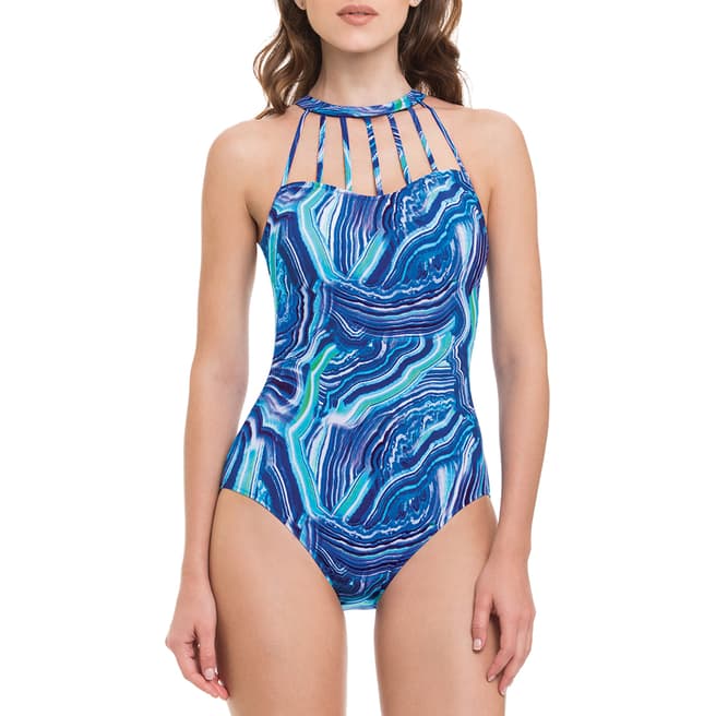 Profile By Gottex Blue Quartzite Strappy High Neck One Piece Swimsuit
