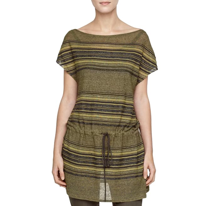 SARAH PACINI Khaki Striped Drawstring Linen Tunic