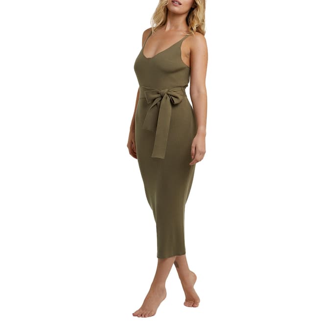 Wolf & Whistle Khaki Super Soft Knitted Rib Round Neck Fitted Dress
