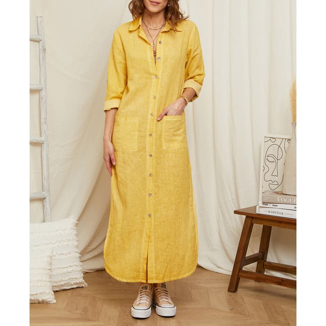Rodier Yellow Button Through Linen Maxi Shirt Dress