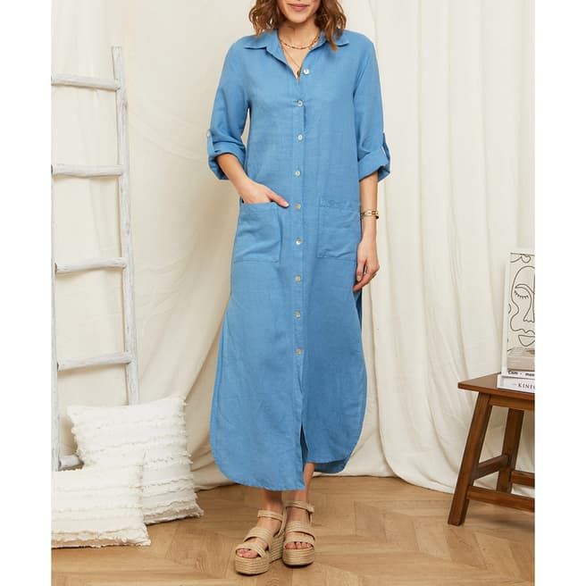Rodier Blue Button Through Linen Maxi Shirt Dress