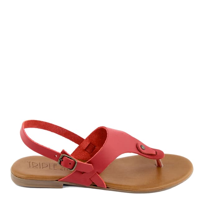 Triple Sun Red Leather Wide Strap Flat Sandal