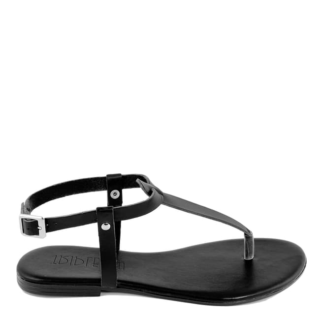 Triple Sun Black Leather T-Bar Flat Sandal