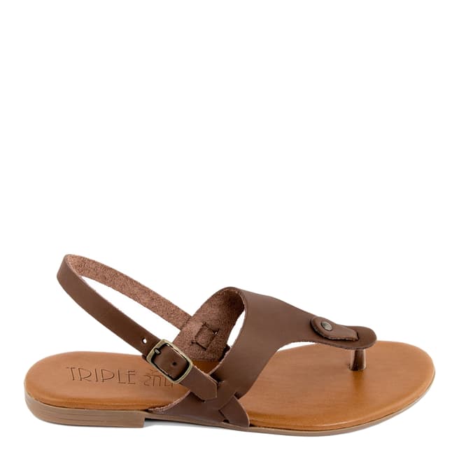 Triple Sun Brown Leather Wide Strap Flat Sandal