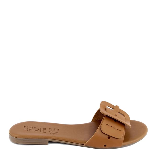 Triple Sun Tan Leather Buckle Slide Sandal