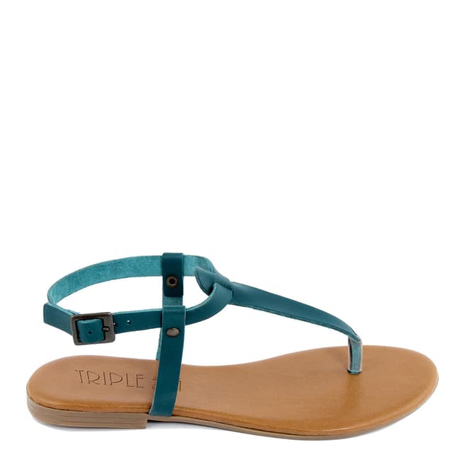 Triple Sun Blue Leather T-Bar Flat Sandal