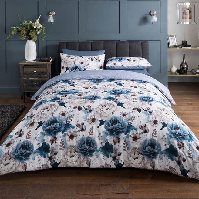 Sleepdown Inky Floral Super King Duvet Cover Set, Blue