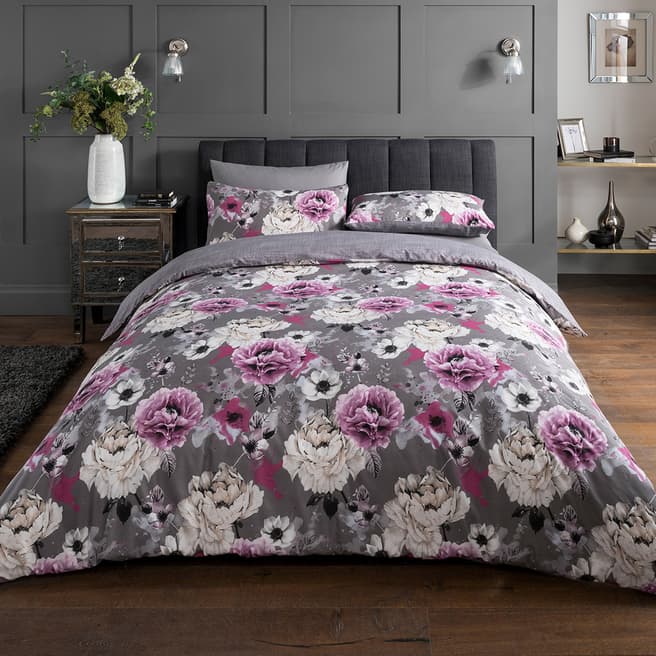 Sleepdown Inky Floral Single Duvet Cover Set, Grey