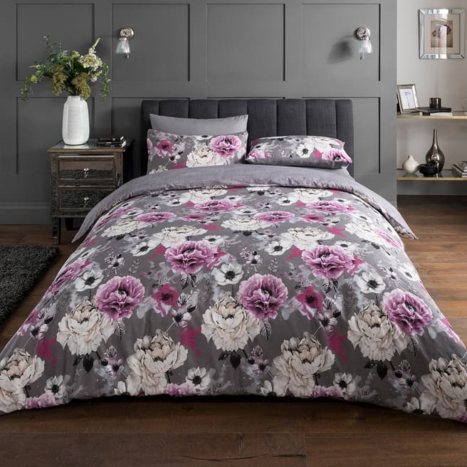 Sleepdown Inky Floral King Duvet Cover Set, Grey