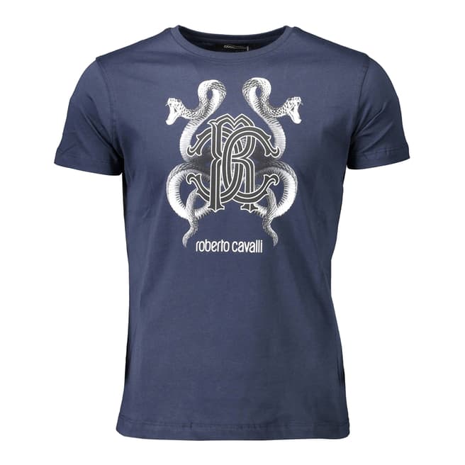 Roberto Cavalli Navy Mirrored Logo Cotton T-Shirt