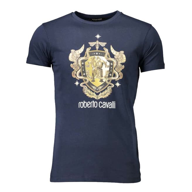 Roberto Cavalli Navy Crest Logo Cotton T-Shirt