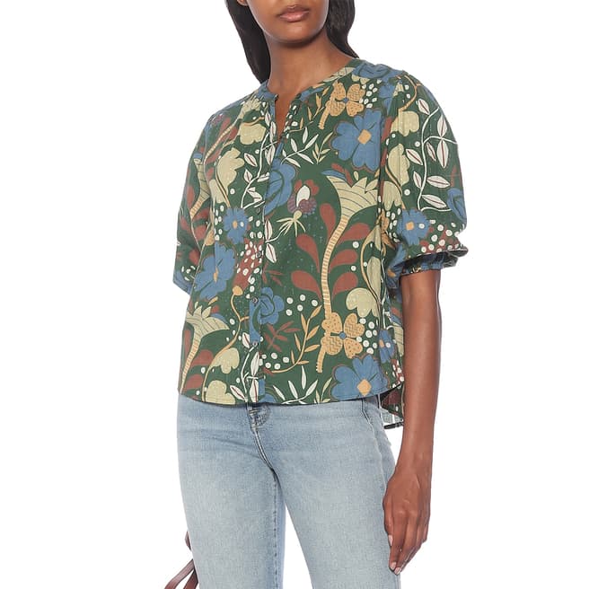 Velvet By Graham and Spencer Green Floral Short Sleeve Cotton Top