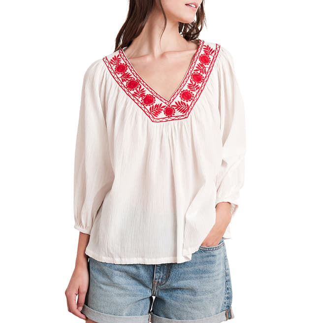 Velvet By Graham and Spencer White/Red Embroidery Cotton Blend Top