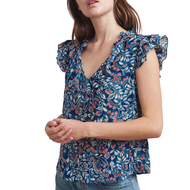 Velvet By Graham and Spencer Multi Blue Printed Ruffle Cotton Blend Top