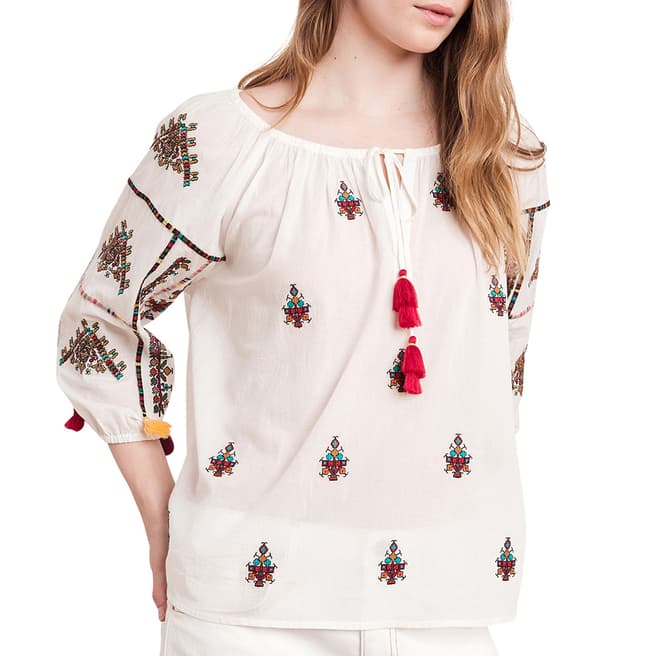 Velvet By Graham and Spencer Off White Aztec Embroidery Cotton Top