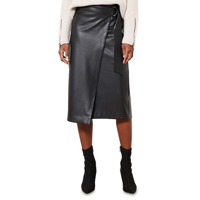 Mint Velvet Black Faux Leather Wrap Midi Skirt