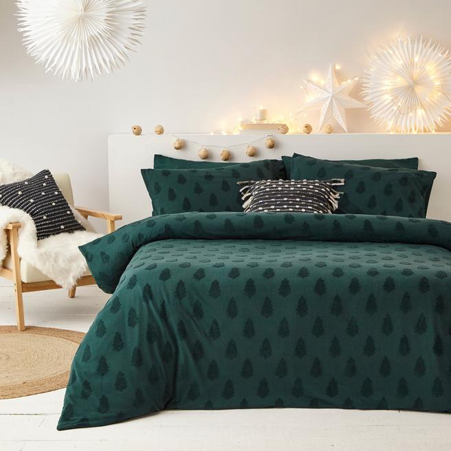 The Linen Yard Tufted Tree Single Duvet Cover Set, Pine Green