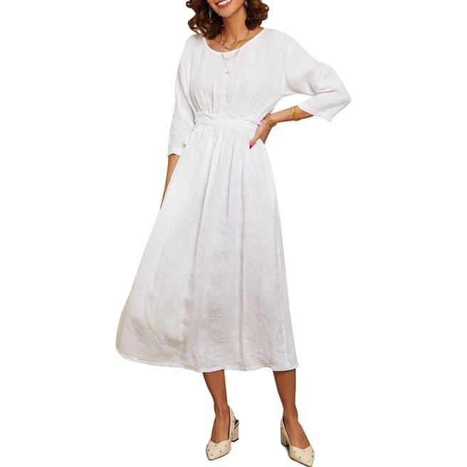 LE MONDE DU LIN White Rusched Waist Linen Dress