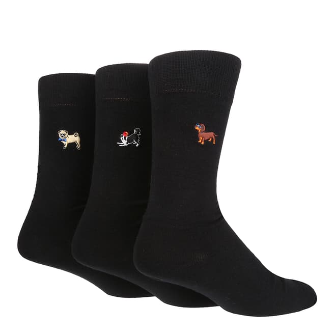 Wild Feet Black 3 Pack Embroidered Dogs Socks