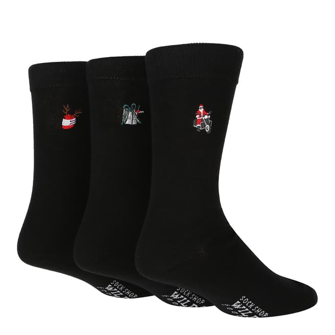 Wild Feet Black 3 Pack Biker Santa Embroidered Socks