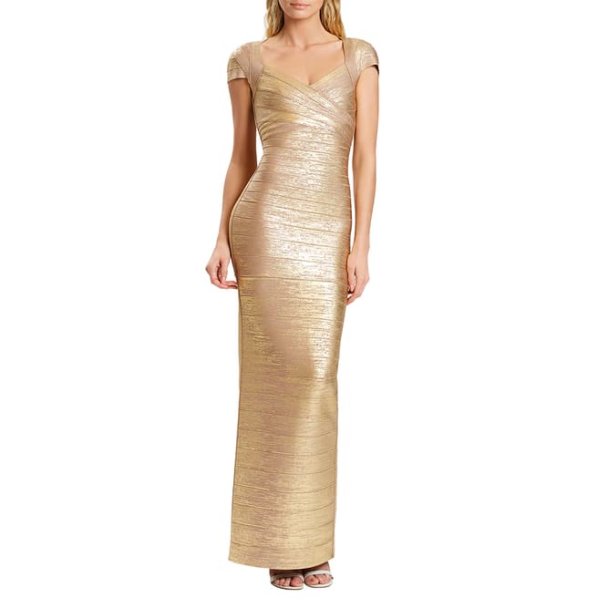 Herve Leger Gold Foil Sweetheart Neck Bandage Dress