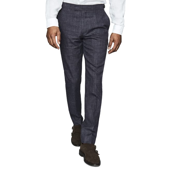 Reiss Navy Prima Wool Blend Check Trousers