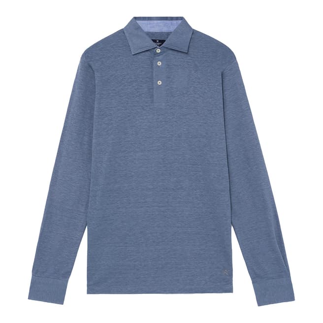 Hackett London Blue Linen Long Sleeve Polo Shirt