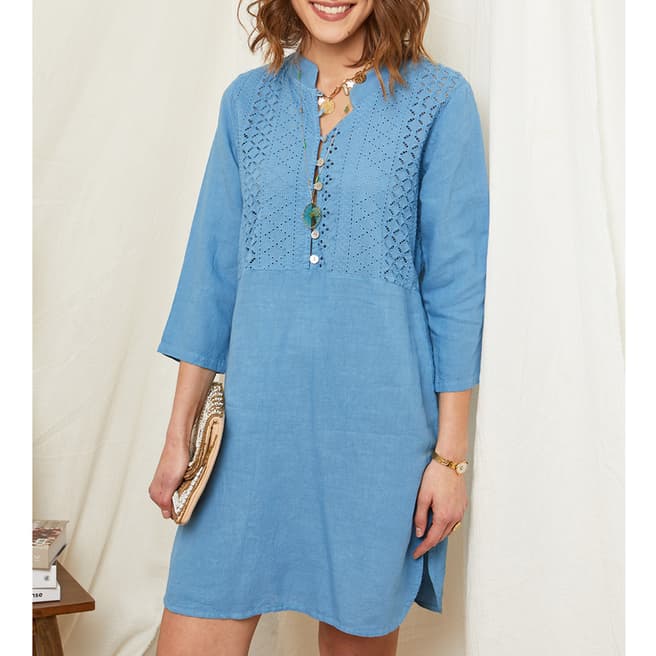 Rodier Blue Pattern Linen Mini Dress